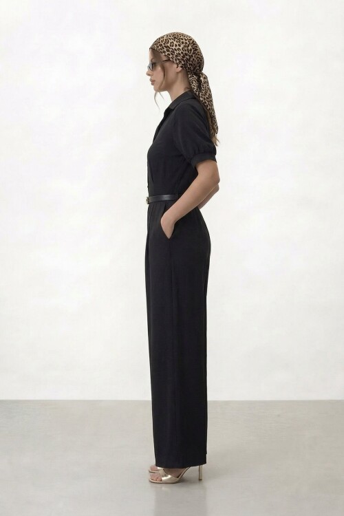 Düğmeli Kısa Kol Kemerli Geniş Paça Tulum