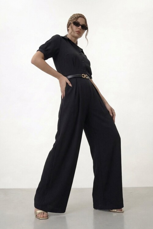 Düğmeli Kısa Kol Kemerli Geniş Paça Tulum