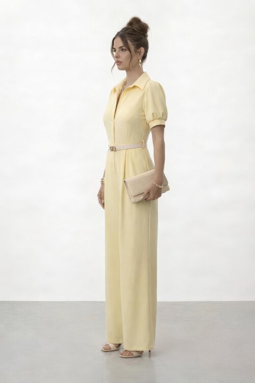 Düğmeli Kısa Kol Kemerli Geniş Paça Tulum