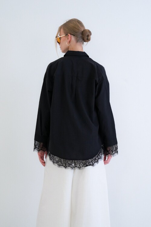 Eteği Ve Manşetleri Dantel Detaylı Oversize Poplin Gömlek