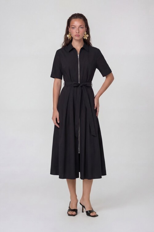 Fermuar Detaylı Belden Bağlamalı Midi Elbise