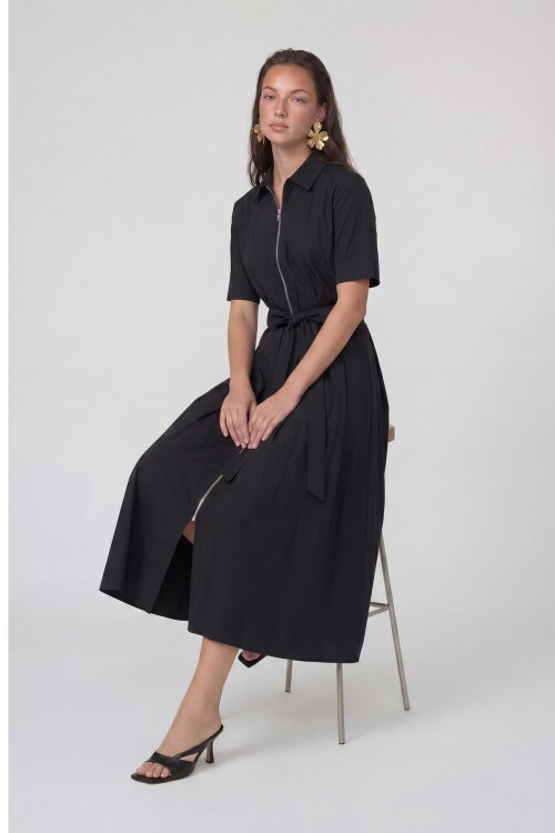 Fermuar Detaylı Belden Bağlamalı Midi Elbise