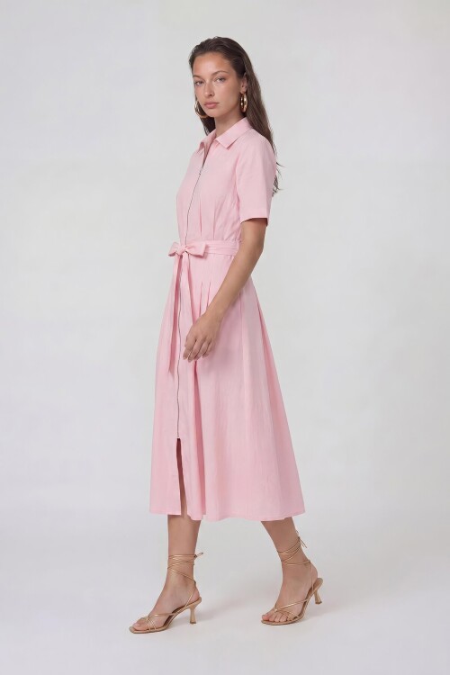 Fermuar Detaylı Belden Bağlamalı Midi Elbise