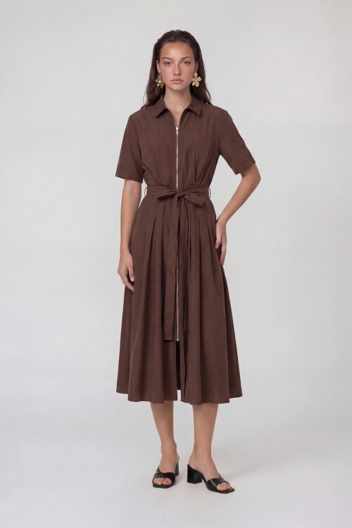 Fermuar Detaylı Belden Bağlamalı Midi Elbise