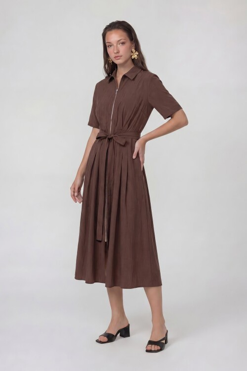 Fermuar Detaylı Belden Bağlamalı Midi Elbise