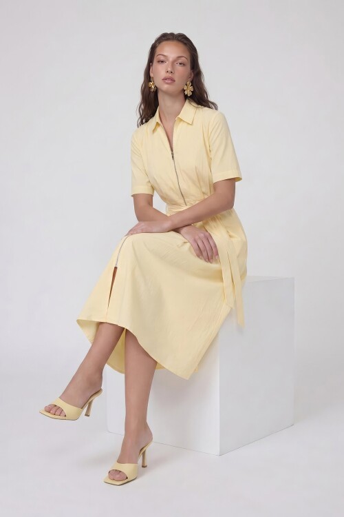 Fermuar Detaylı Belden Bağlamalı Midi Elbise