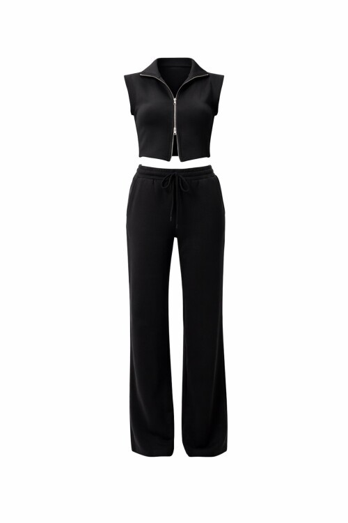 Fermuarlı Crop Hırka Ve Lastikli Eşofman Takımı