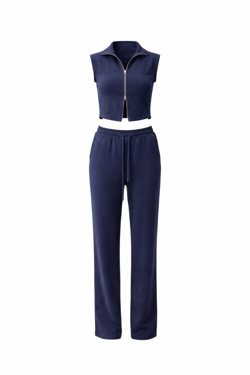 Fermuarlı Crop Hırka Ve Lastikli Eşofman Takımı