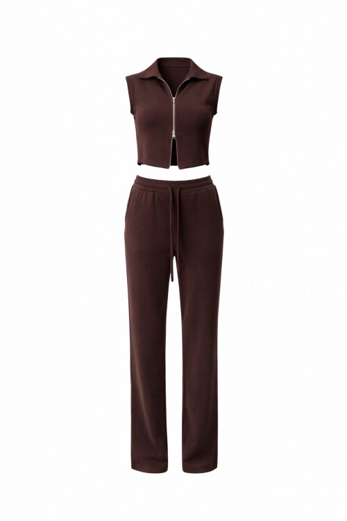 Fermuarlı Crop Hırka Ve Lastikli Eşofman Takımı