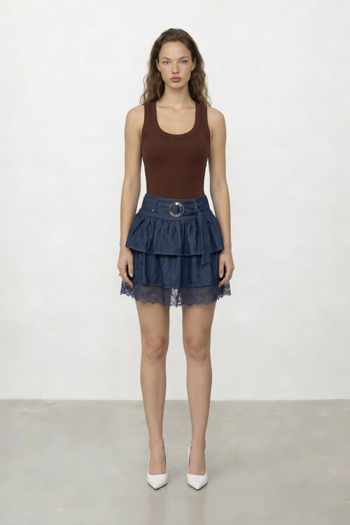 Fırfır Detaylı Kemerli Katkat Mini Etek