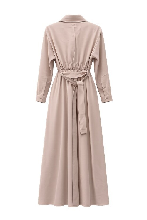 Gömlek Yaka Beli Lastikli Uzun Kol Midi Elbise