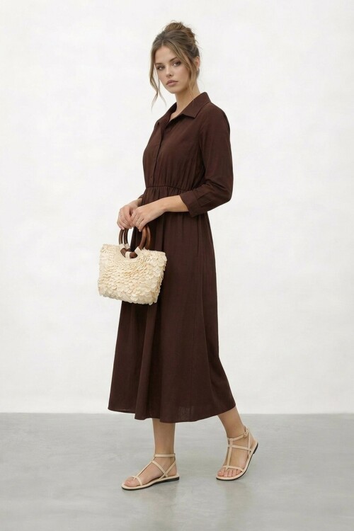 Gömlek Yaka Beli Lastikli Uzun Kol Midi Elbise