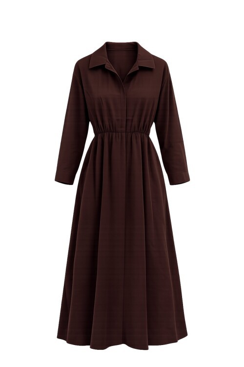 Gömlek Yaka Beli Lastikli Uzun Kol Midi Elbise