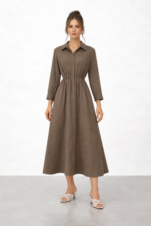 Gömlek Yaka Beli Lastikli Uzun Kol Midi Elbise