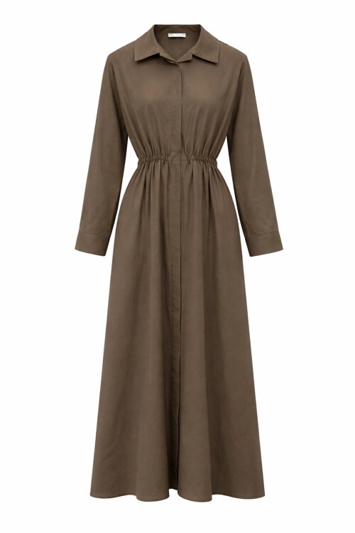 Gömlek Yaka Beli Lastikli Uzun Kol Midi Elbise