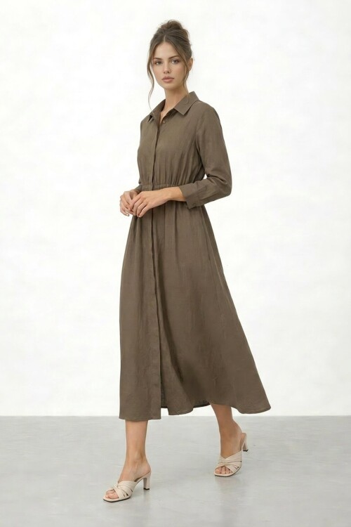 Gömlek Yaka Beli Lastikli Uzun Kol Midi Elbise