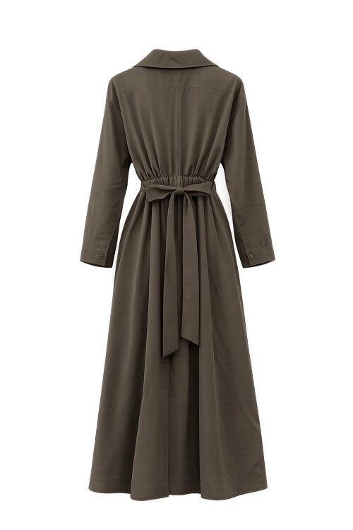 Gömlek Yaka Beli Lastikli Uzun Kol Midi Elbise