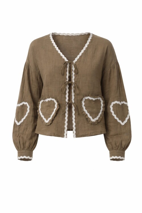 Haki Kalp Nakışlı Bağlamalı Mevsimlik Ceket