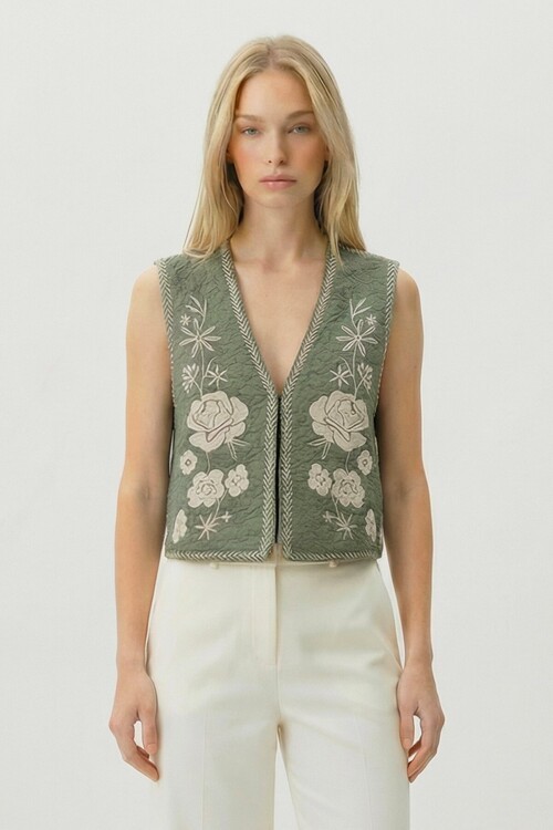 Haki Nakış Detaylı Astarlı Dokulu Crop Yelek