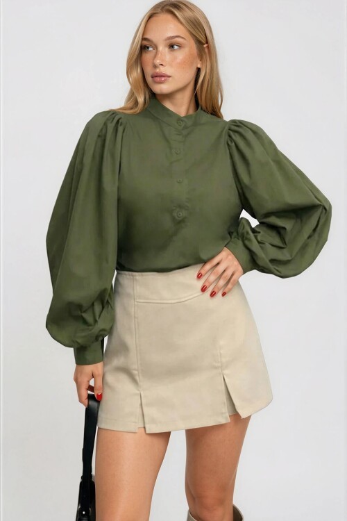 Hakim Yaka Önü Düğmeli Balon Kol Poplin Dokuma Gömlek