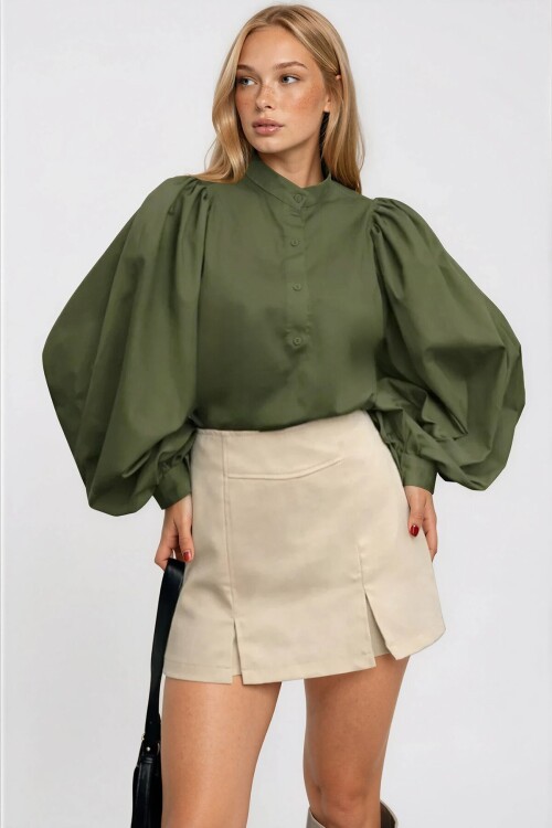 Hakim Yaka Önü Düğmeli Balon Kol Poplin Dokuma Gömlek