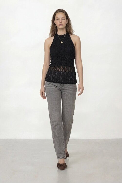 Halter Yaka Yanı Büzgülü Sırt Dekolteli Dantelli Bluz