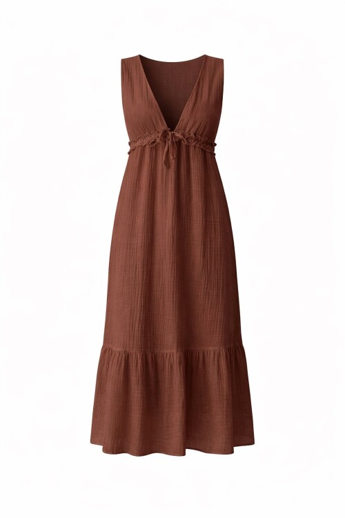 Kahverengi V Yaka Fırfır Detaylı Astarlı Müslin Elbise
