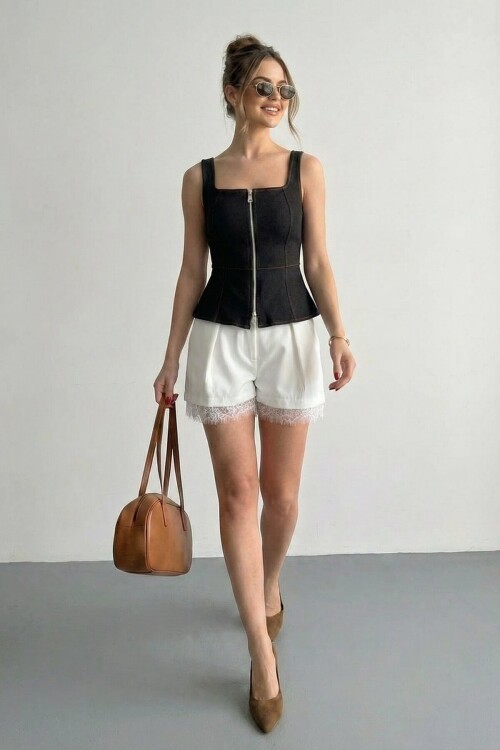 Kare Yaka Fermuarlı Denim Bluz