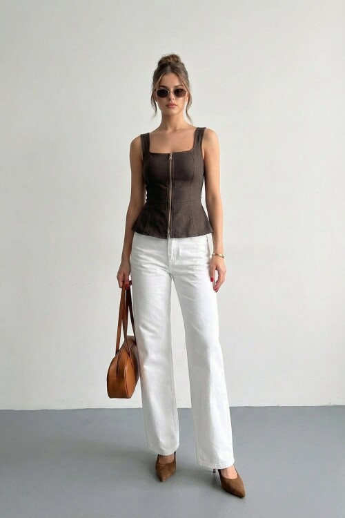 Kare Yaka Fermuarlı Denim Bluz