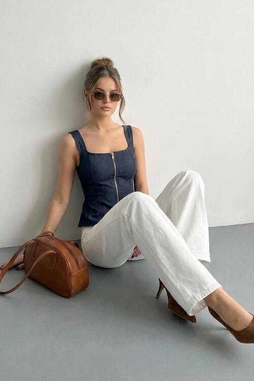 Kare Yaka Fermuarlı Denim Bluz