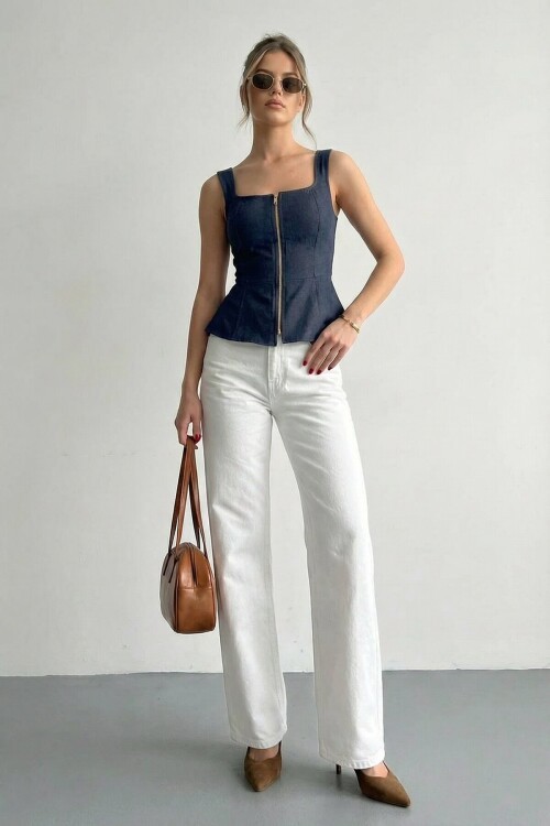 Kare Yaka Fermuarlı Denim Bluz