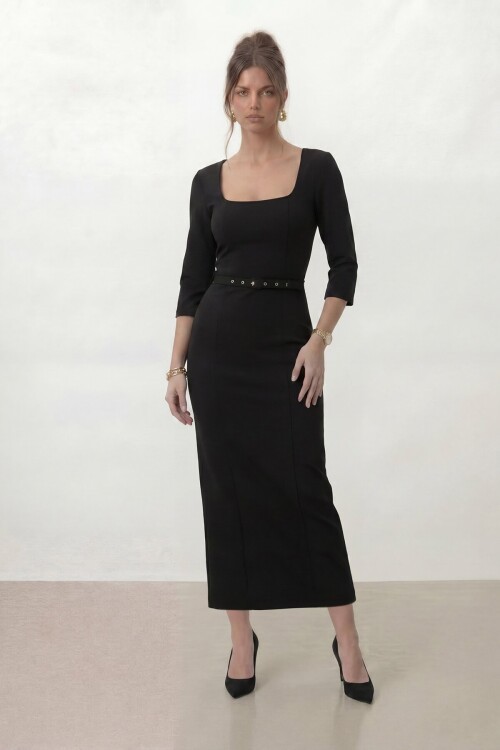 Kare Yaka Kemer Detaylı Yarım Kol Midi Elbise