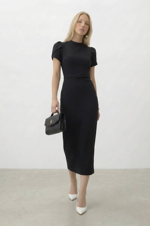 Kemer Detaylı Kalem Arkadan Fermuarlı Midi Elbise