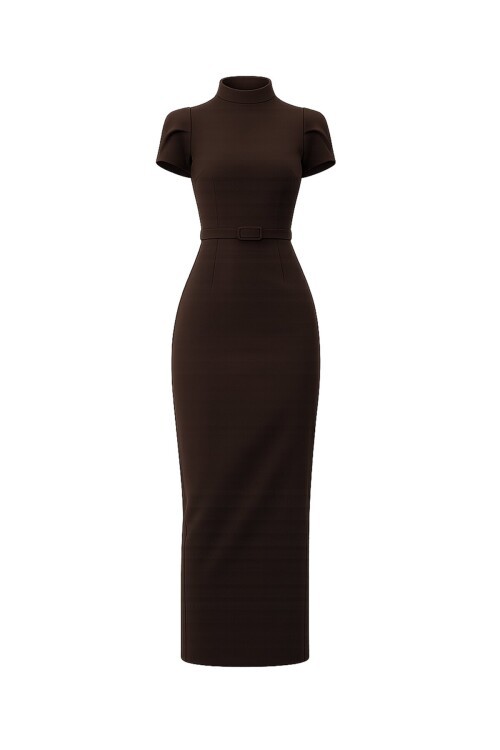 Kemer Detaylı Kalem Arkadan Fermuarlı Midi Elbise