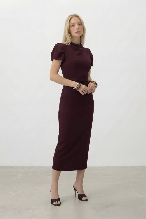 Kemer Detaylı Kalem Arkadan Fermuarlı Midi Elbise