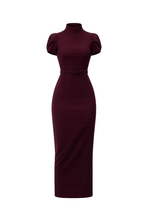 Kemer Detaylı Kalem Arkadan Fermuarlı Midi Elbise
