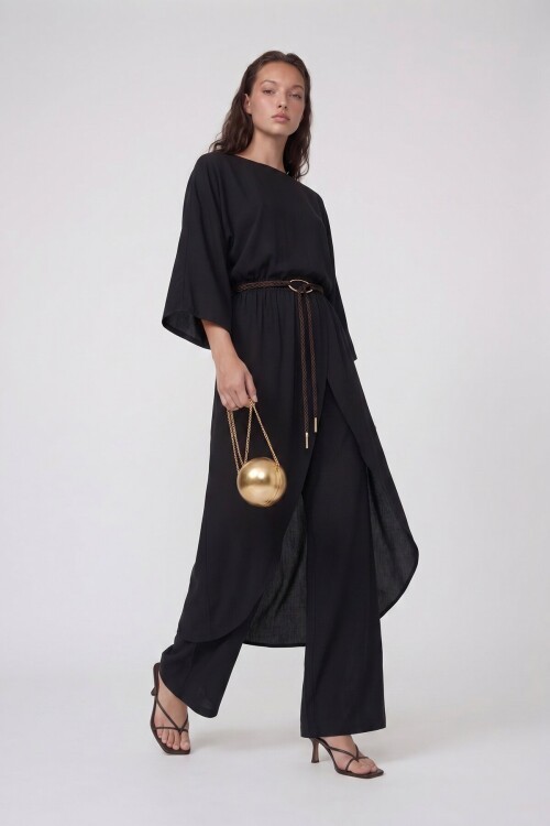 Kemer Detaylı Uzun Kollu Bluz Ve Pantolon Takım