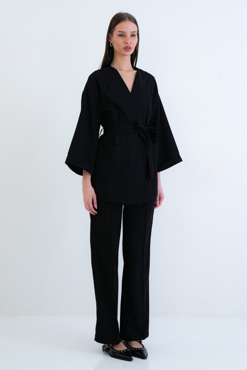 Kemerli Blazer Ceket Ve Yüksek Bel Pantolon Takım