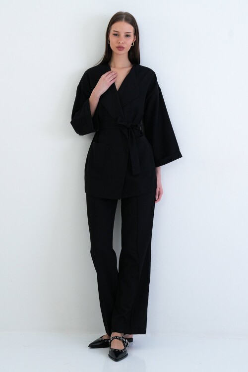 Kemerli Blazer Ceket Ve Yüksek Bel Pantolon Takım
