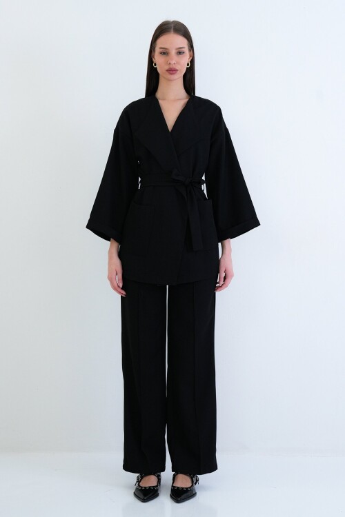 Kemerli Blazer Ceket Ve Yüksek Bel Pantolon Takım