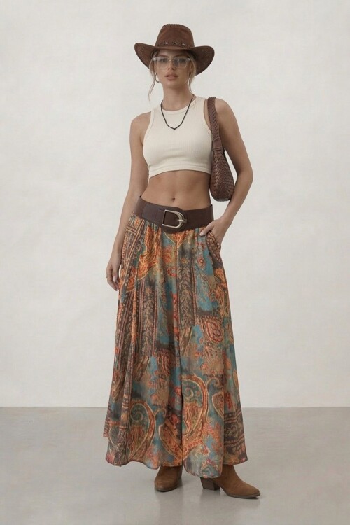 Kemerli Desenli Yüksek Bel Maxi Etek