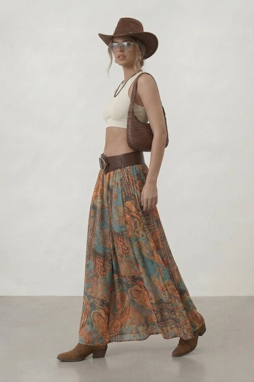 Kemerli Desenli Yüksek Bel Maxi Etek