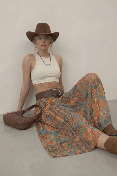 Kemerli Desenli Yüksek Bel Maxi Etek