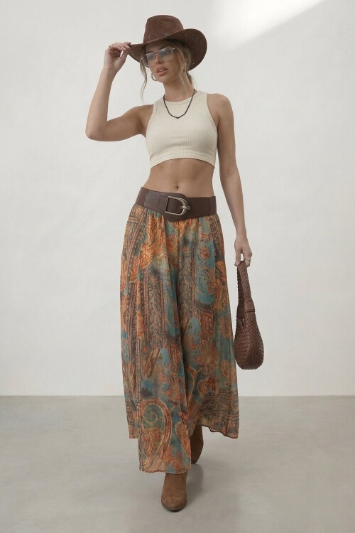 Kemerli Desenli Yüksek Bel Maxi Etek