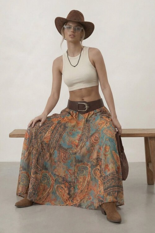 Kemerli Desenli Yüksek Bel Maxi Etek