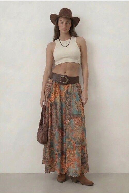 Kemerli Desenli Yüksek Bel Maxi Etek