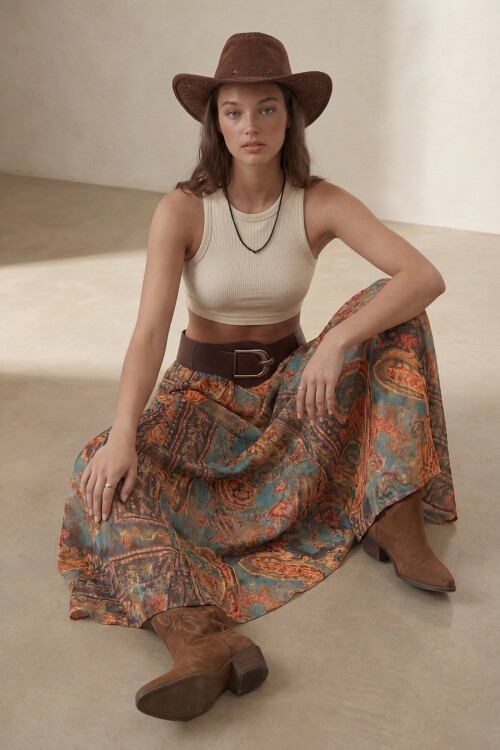 Kemerli Desenli Yüksek Bel Maxi Etek