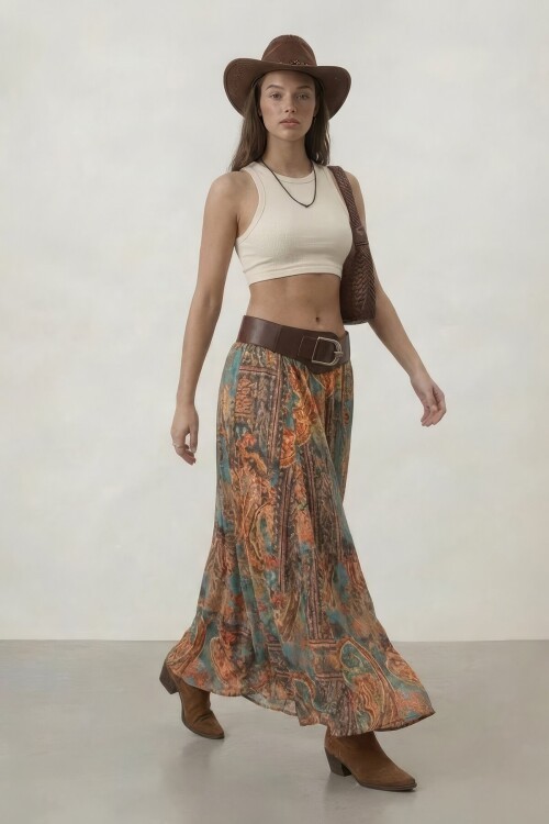 Kemerli Desenli Yüksek Bel Maxi Etek