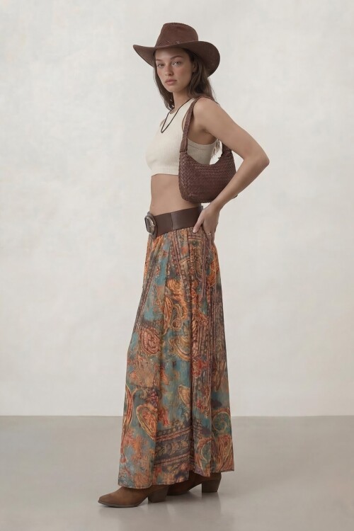 Kemerli Desenli Yüksek Bel Maxi Etek