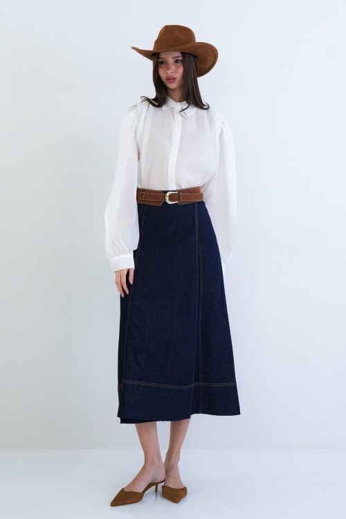 Kemerli Uzun Denim Etek